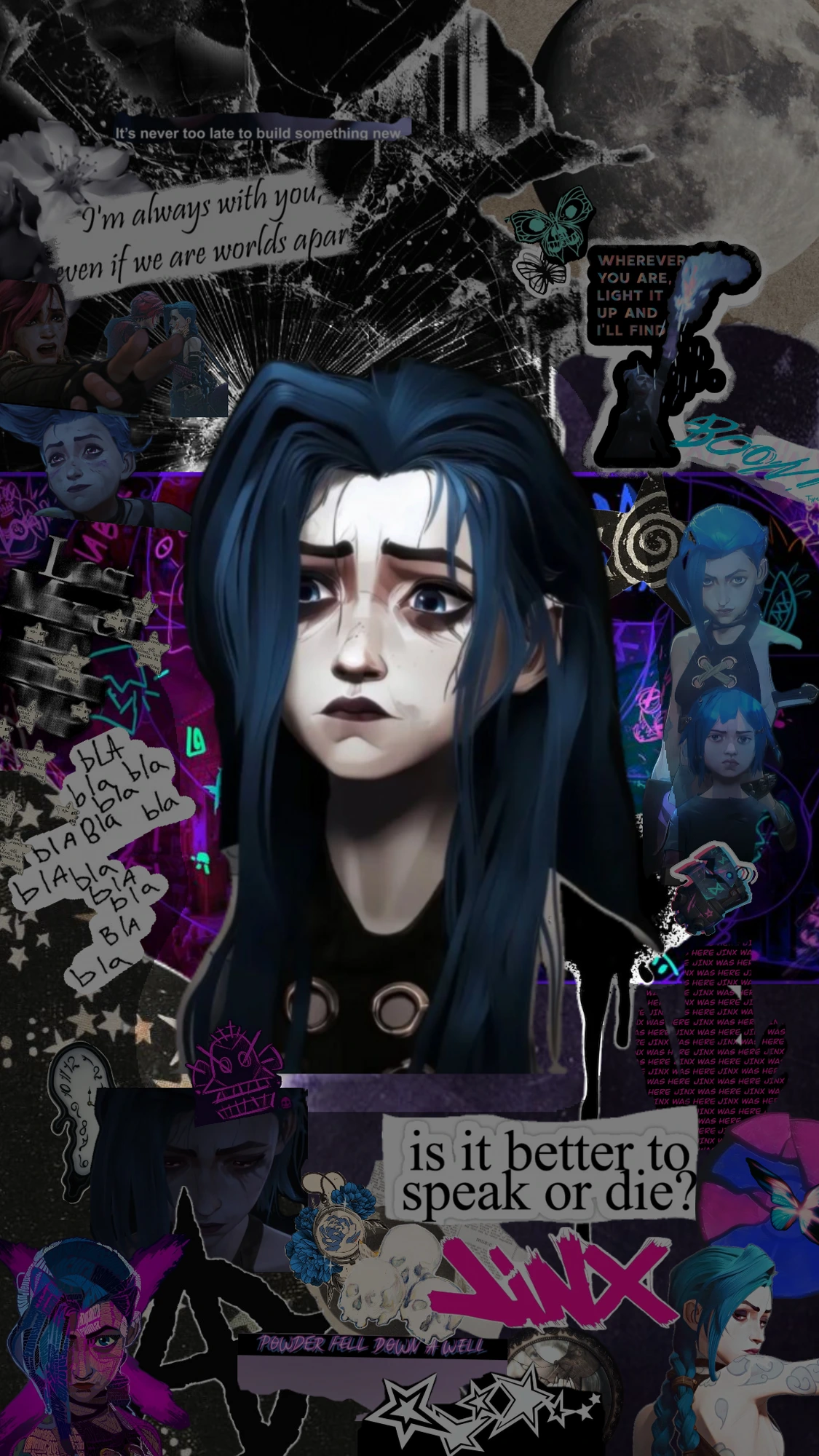 Dark scrapbook collage of Jinx with torn notes and graffiti