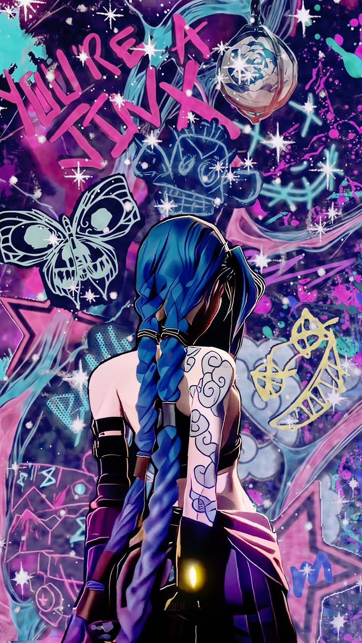 Jinx facing a wall of pink and teal graffiti art